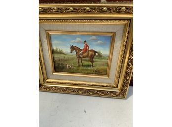 OIL ON BOARD OF A MAN ON A HORSE, SIGNED, 11X9 INCHES