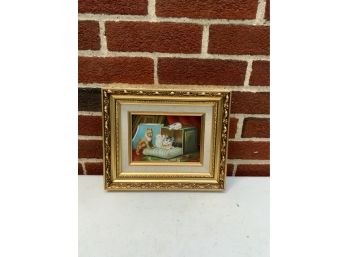 OIL ON BOARD OFF ANIMALS WITH GOLD FRAME, SIGNED, 11X9 INCHES