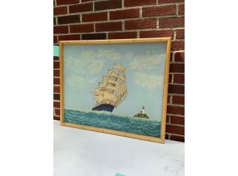 OIL AND CANVAS PAINTING OF A SHIP, SIGNED, 25.5X32 INCHES