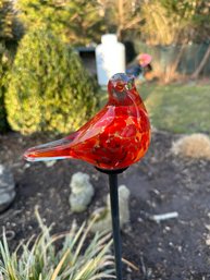 Solar Pearlized Hand Blown Glass Bird Garden Stake In Red