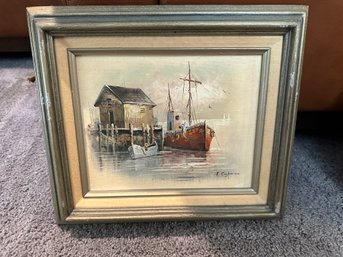 A.Simpson Signed Sail Boats Harbor Scene Oil On Canvas Original Seascape Painting