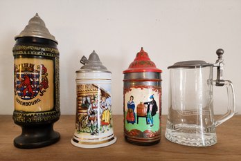(4) Ceramic And Glass Assorted Design Beer Steins
