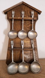 Vintage Set Of (6) Decorative Spoons With Hanging Wood Display