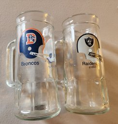 Vintage DENVER BRONCOS And OAKLAND RAIDERS Glass Mugs
