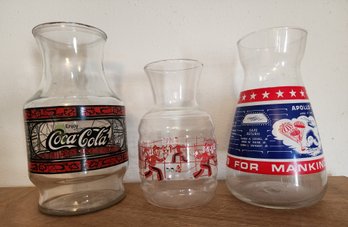 (3) Vintage Glass Decorative Graphic Print Containers