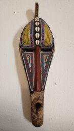 Vintage African Wooden Carved Mask With Shell And Bead Accents
