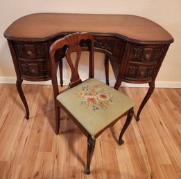 Vintage Carved Wood Desk With Needlepoint Accent Chair