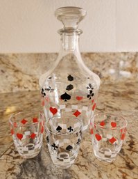Vintage Art Glass Playing Card Themed Decanter Set With Shot Glasses