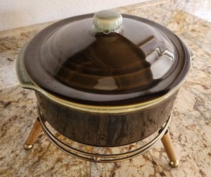Vintage Large Ceramic Cookware Pot With Lid And Metal Warming Stand