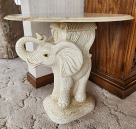 Vintage Large Ceramic Elephant With Marble Top Side Table