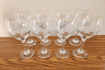 Nice Set Of Etched Holiday Themed Art Glass Wine Glasses