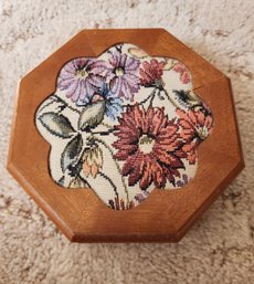 Vintage Wooden Jewelry Box With Needlepoint Accent