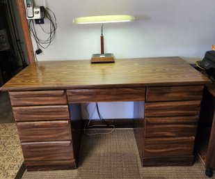 Vintage Wooden Office Desk With Table Lamp