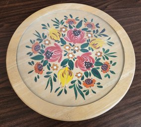 Vintage Folk Art Handpainted Signed Food Display Platter With Glass Top
