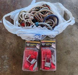 (2) Brand New Ratchet Straps And Assortment Of Bungee Style Toe Downs