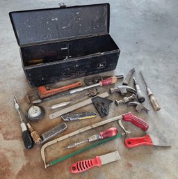 Vintage JOHN DEERE Metal Toolbox With Assortment Of Tools