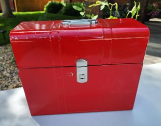Vintage Red Metal File Storage Box With Key