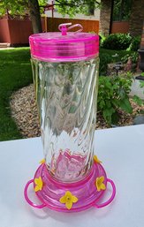 Decorative Glass Body With Pink Plastic Hummingbird Feeder