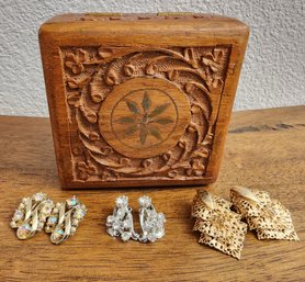 Assortment Of (3) Sets Of Vintage Clip On Earrings And Wooden Carved Box