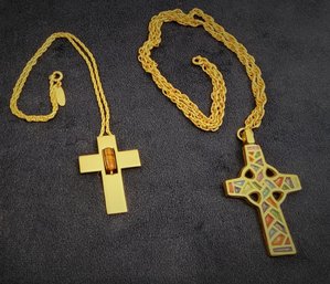 (2) Vintage GOLD TONE Cross Religious Themed Necklaces And Pendant Sets