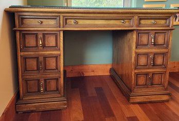 Vintage Wooden Executive Office Desk With Glass Top
