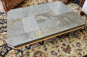Tea Table With Stone Style Top And Metal Base