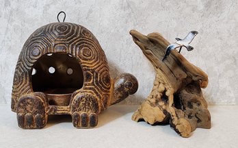 (2) Vintage Home Decor Selections - Turtle Candle Holder And Driftwood Creation