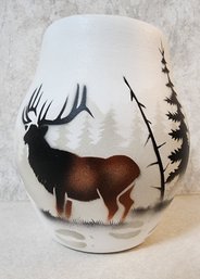 Vintage SIGNED Decorative Pottery Vessel Elk Outdoors Theme