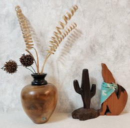 Wood And Turquoise Inlay Vase With Wolf And Cactus Decor