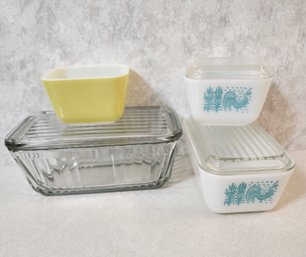 Assortment Of Vintage Pyrex Cookware Dishes Feat. White And Blue AMISH Style
