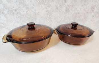 (2) Amber Colored ANCHOR HOCKING Fire King Cookware Dishes With Lids
