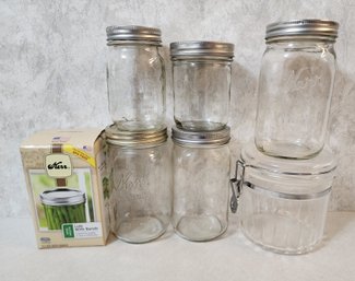 Assortment Of Canning Supplies And Large Plastic Storage Container