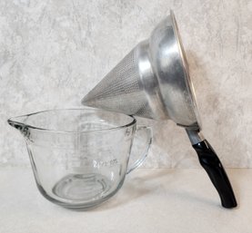 Glass Measuring Cup And Vintage Strainer Tool