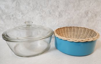 Pyrex Glass Covered Dish And Tupperware Style Plastic Container With Wicker Basket Insert