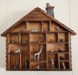 Vintage Assortment Of Small Animal Pewter Figures And Wooden Display Hanging Wall Accent