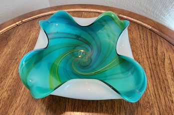 Vintage Art Glass Decorative Bowl With Wave Edges