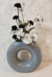 Gray Circular Flower Pot With Artificial Arrangement