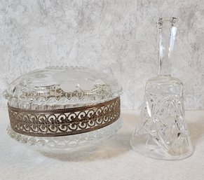 Vintage Cut Glass Jewelry Box And Leaded Crystal Bell