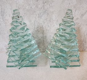 (2) Art Glass Christmas Tree Figures