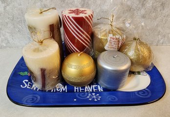 Assortment Of Decorative Candles & Christmas Themed Platter