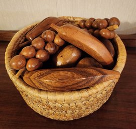 Vintage Set Of Wooden Fruit And Woven Basket