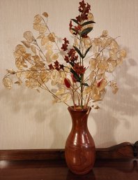 Vintage Handmade Wooden Decorative Vase Vessel With Artificial Floral Arrangement