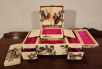 Vintage Asian Style Folding Jewelry Box With Mirror Accent