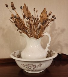 Large COLONIAL POTTERY Bowl With Ceramic Pitcher And Artificial Floral Arrangement