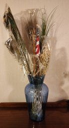 Blue Glass Flower Vase With Assortment Of Unused Floral Accents
