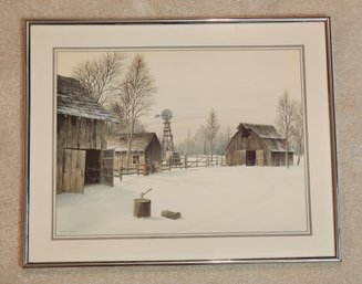 Vintage Fine Art Framed Print Snowy Barn Scene
