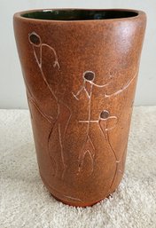 Vintage Handmade Ceramic Carved Figures Vessel