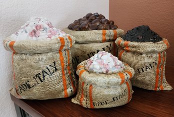 Vintage Set Of (4) Made In Italy Burlap Sack Inspired Canisters With Lids