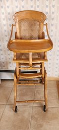Antique Wooden Wicker Accent Highchair With Rocker Feature