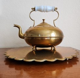 Antique Brass Victorian Toddy Teapot With Brass Resting Platter